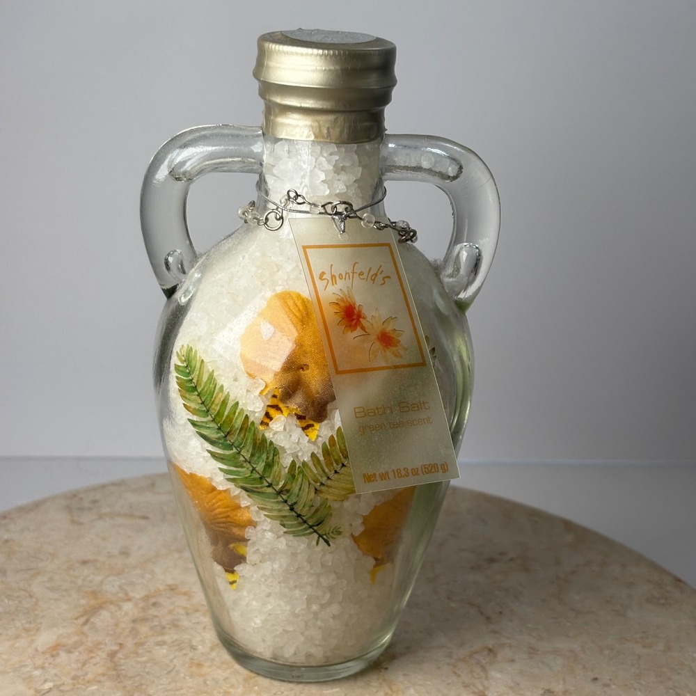 Shonfeld's Bath Salt 18.3oz Green Tea Glass Amphora Jar‎ Dried Flowers 2003 NOS
